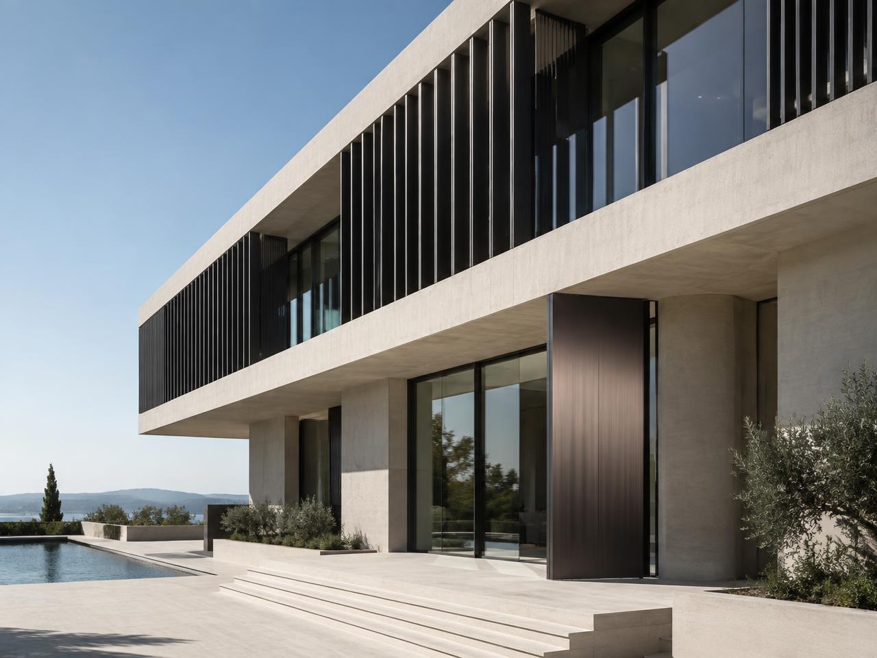 Contemporary facade with charcoal aluminium fins