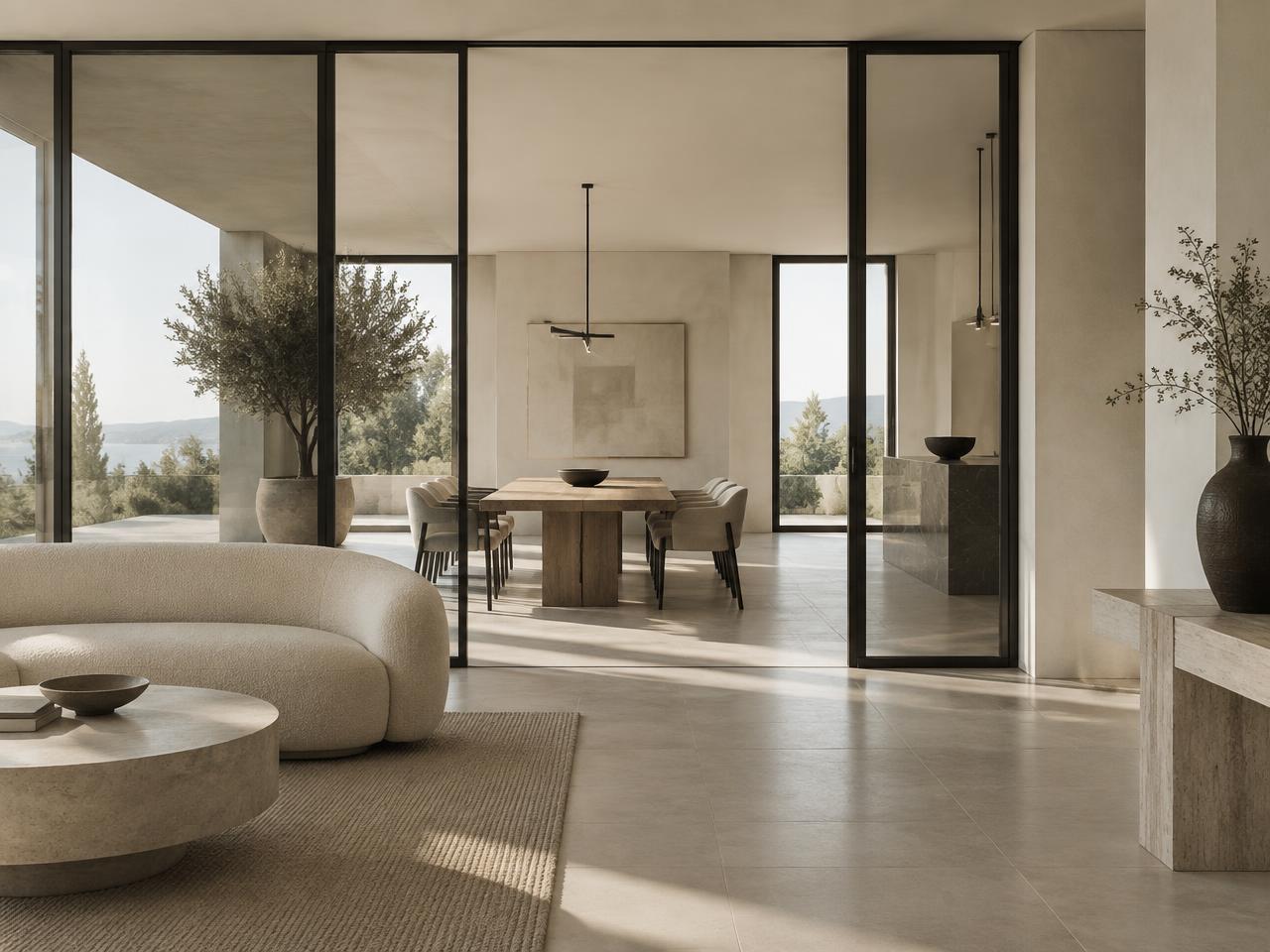 Minimal interior with slim aluminium-framed glass partitions